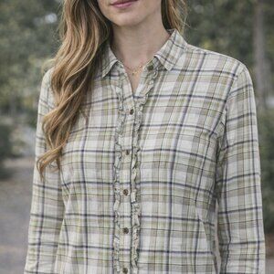 Eddie Bauer Women’s Plaid Button Up Shirt Ruffle Front Long Sleeve Size L